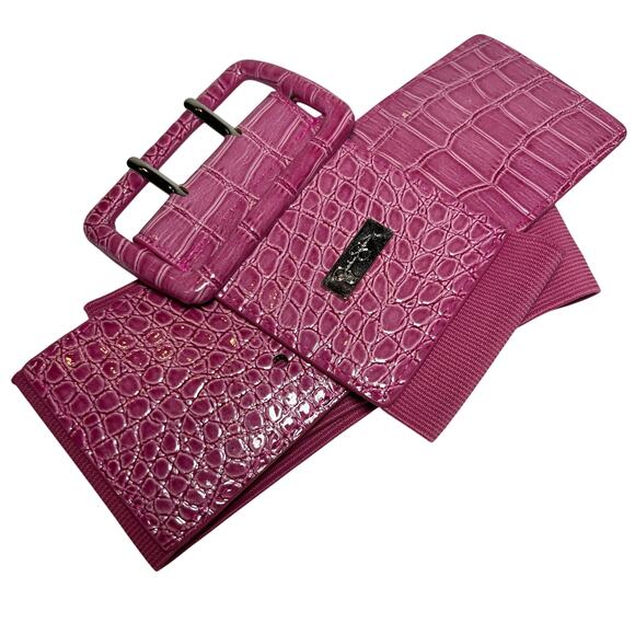 Jessica Simpson Pink Belt Faux Reptile Leather Stretch Cinch Elastic Size Medium - Picture 1 of 8